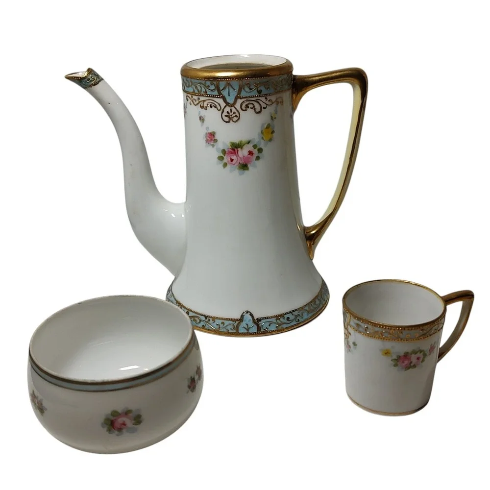 Antique Nippon Chocolate Pot Demitasse Mug Sugar Bowl Gold Moriage‎ Hand Painted